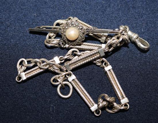 A Chinese silver opium pipe, a gate-link bracelet and sundry chains, etc.